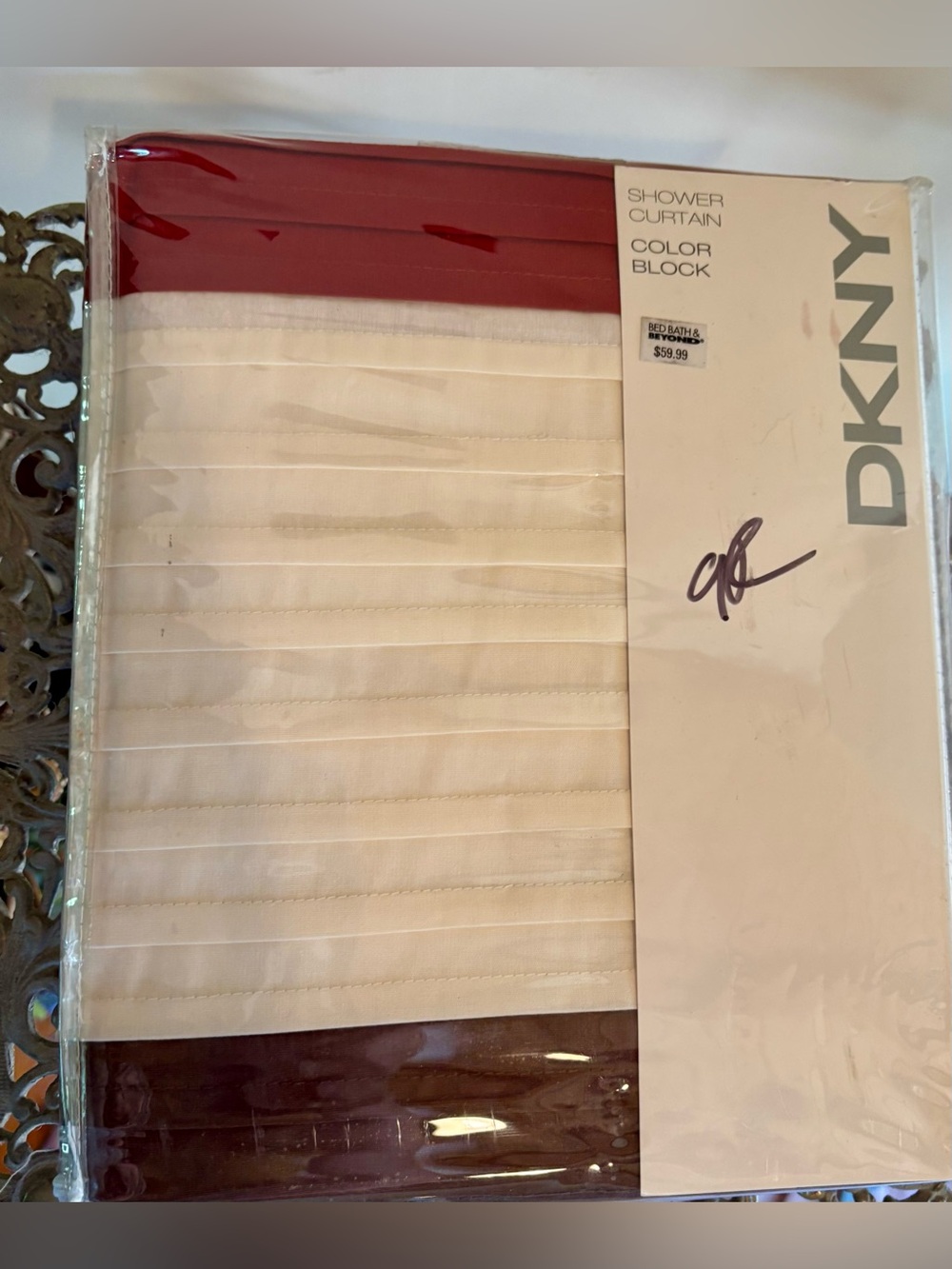 DKNY Color Block ‘Brick’ Shower Curtain 72x72 Burgundy Cream Brown 100% Cotton